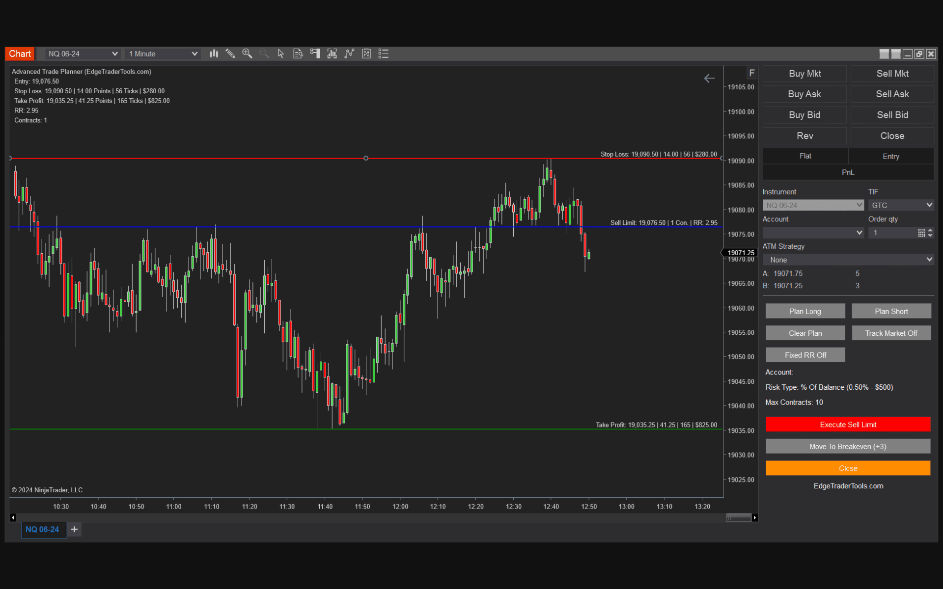 Advanced Trade Planner showing position sizing and risk-reward on a NinjaTrader 8 chart
